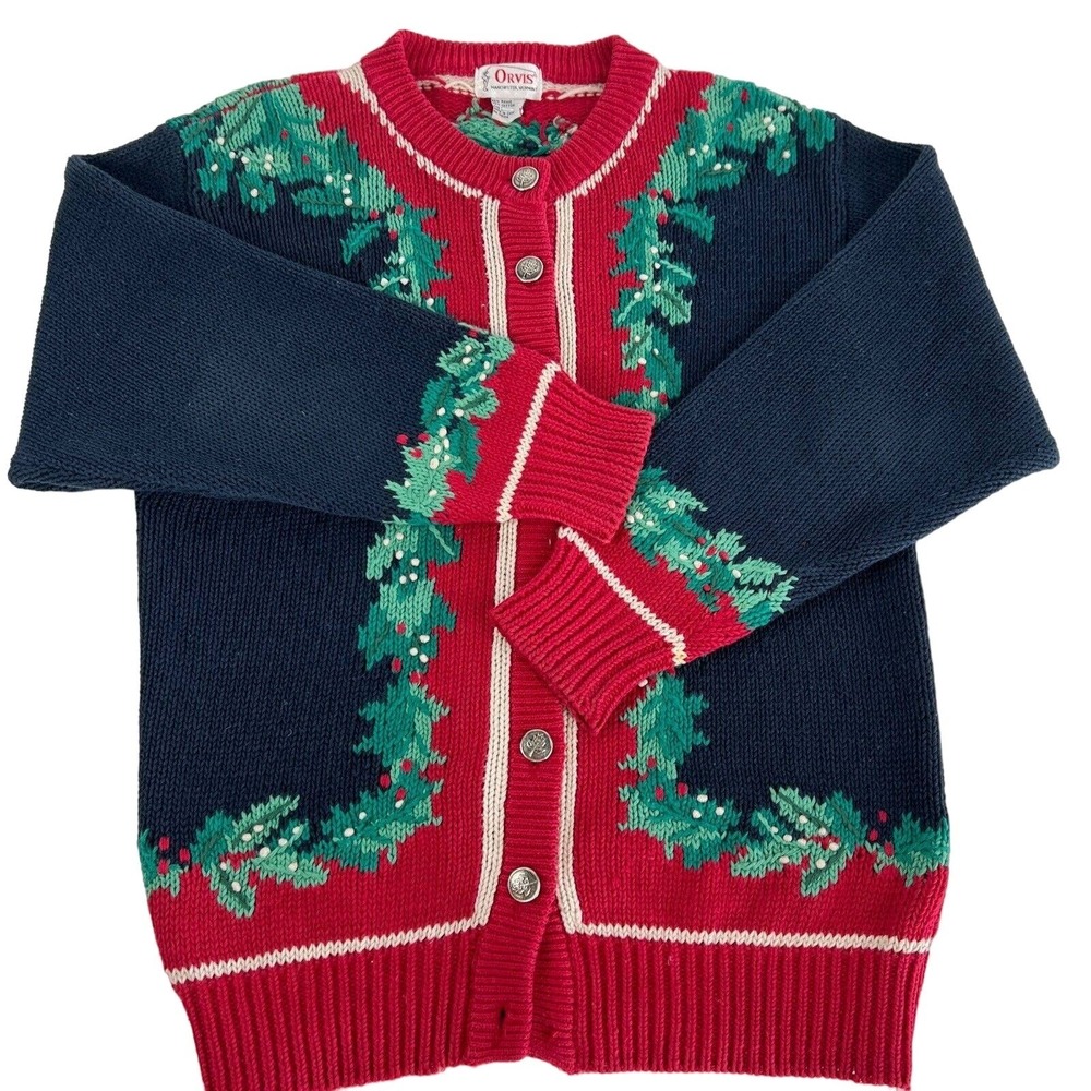 Orvis Holly Festive Sweater Cardigan Women's Knit Christmas Holiday L